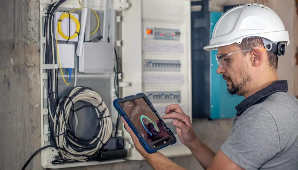 Homem operário com equipamento de proteção olhando tablet para monitoramento de de temperatura